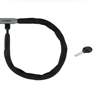 Heavy-duty anti-theft chain lock with reinforced steel links and protective fabric cover for electric scooters and bikes.