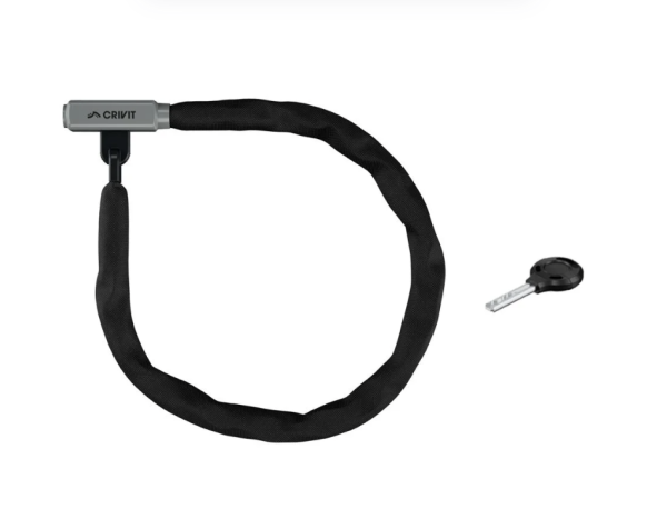 Heavy-duty anti-theft chain lock with reinforced steel links and protective fabric cover for electric scooters and bikes.