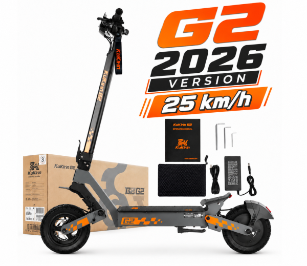 KuKirin G2 2026 electric scooter 25 km/h version with 600W motor, accessories, charger and original packaging.